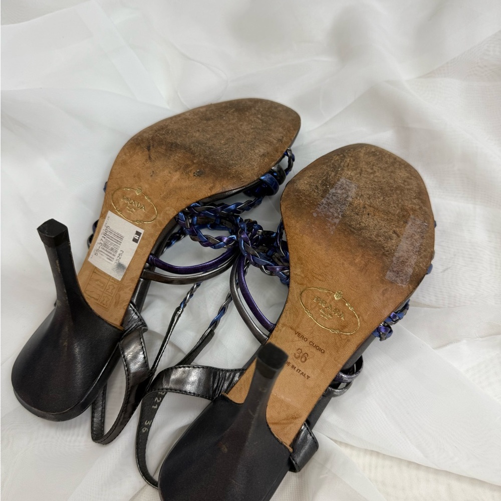 PRADA BRAID STRAPPY OPEN TOE HEELS SIZE 36 BLUE SILVER PURPLE - Picture 6 of 6